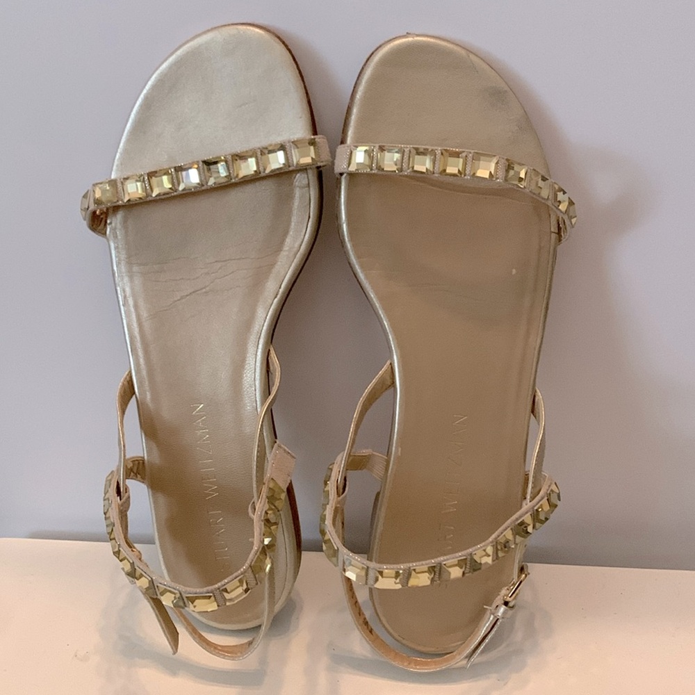 Stuart Weitzman Suede Crystal Embellishments Slingback Leather Sandals 7.5M